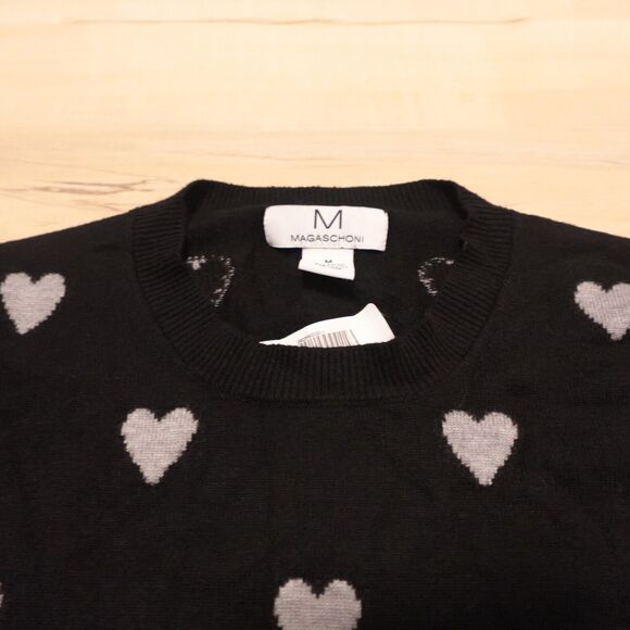 M Magaschoni Women M Sweater Black Gray Heart Print Pullover Stretch Knit - Picture 3 of 7